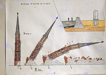 834189 Afbeelding van een tekening van het neerhalen van de toren van de Kerk van O.L. Vrouw ten Hemelopneming ...